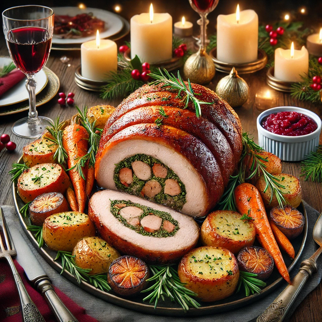Dinde farcie roulée, sauce aux cranberries
