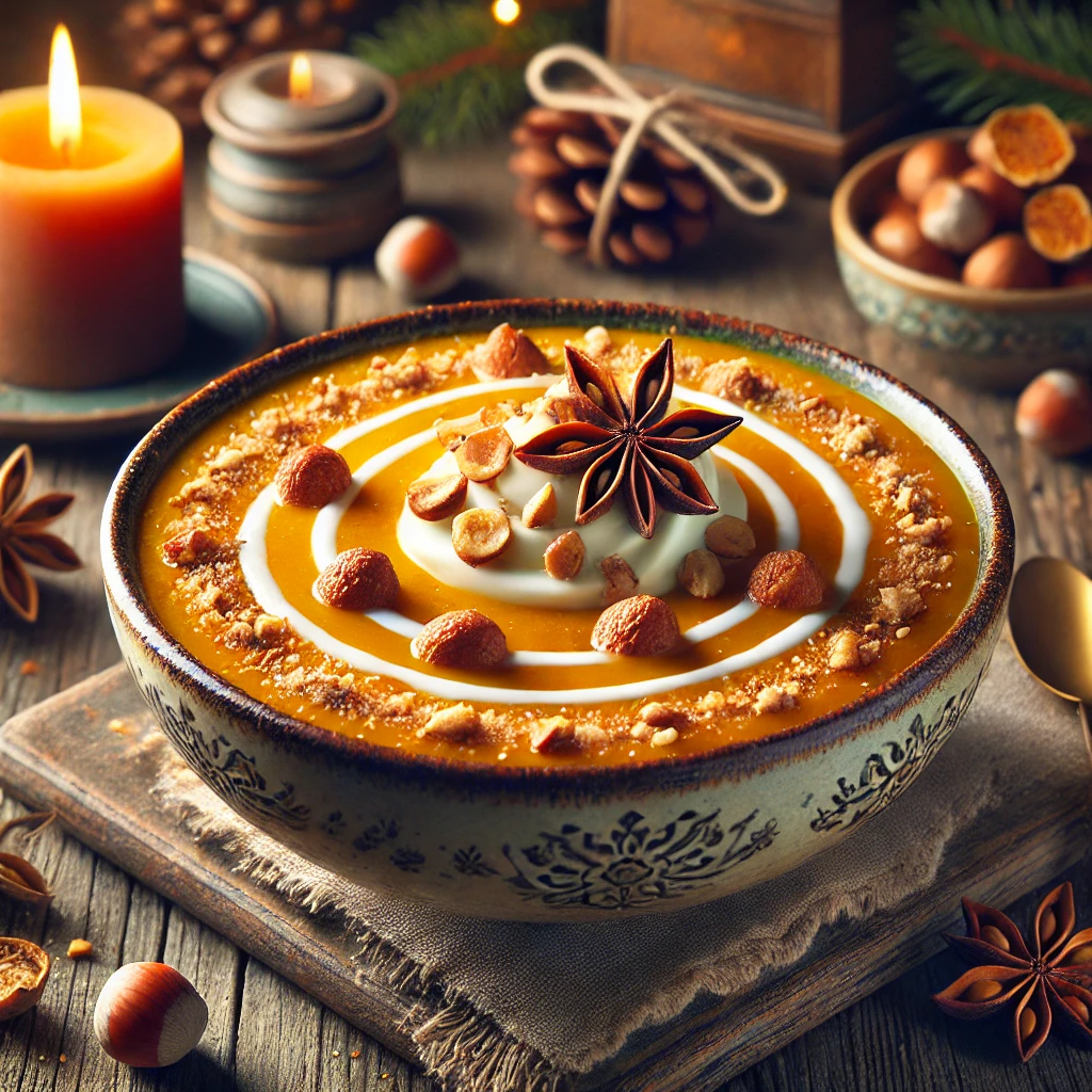 Velouté de potimarron, châtaignes et éclats de noisettes